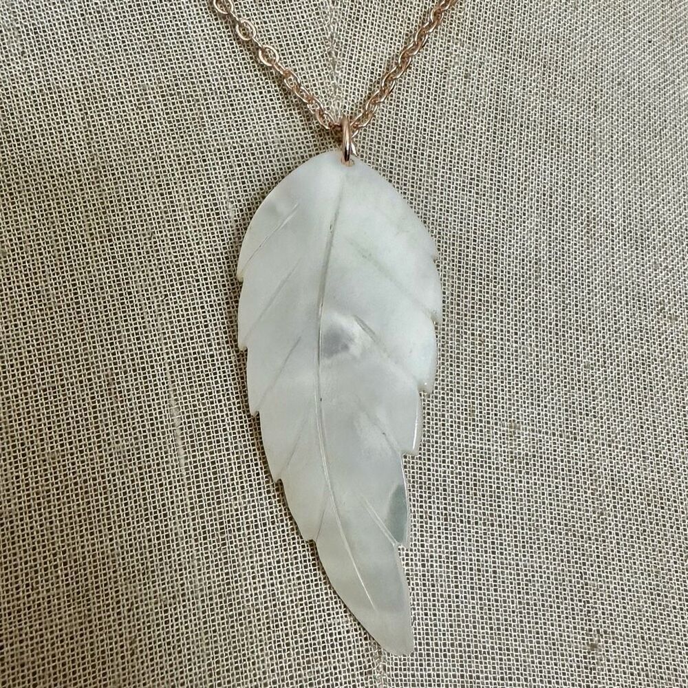 Carved Mother of Pearl Feather Pendant Necklace